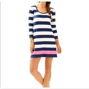 Lilly Pulitzer Devon A Line Dress Bright Navy and White Strip with Pink stripe